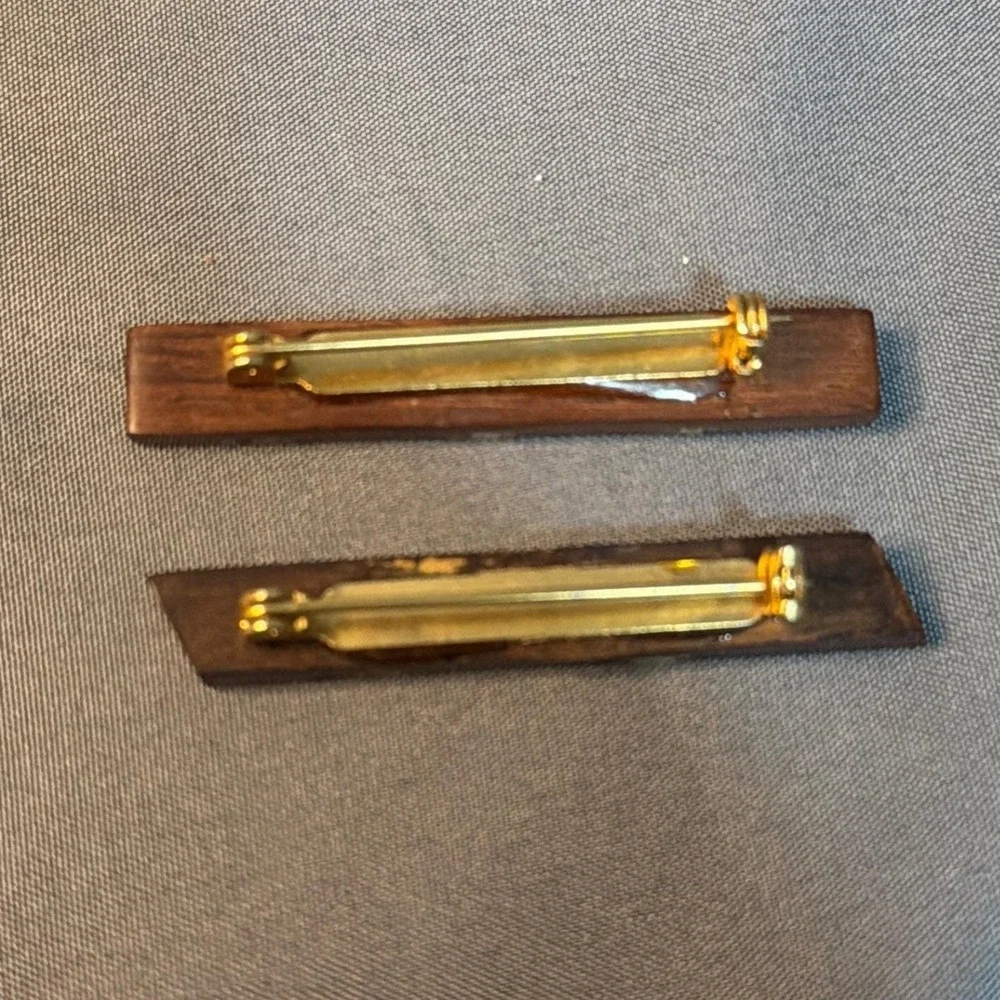 Vintage Handcrafted Wood Inlay Bar Brooch Set Mixed Stone Geometric Pins 2pc